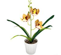 Aprilsunnyzone 3 Piece Artificial Cymbidium Orchid In Pots For Living Room Bedroom Study Room Office And Photography Prop Styling(Orange-yellow)