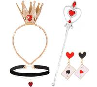 Aprince Queen Crown Headband Red Costume Accessories Hearts Earrings and Necklace Set for Women with Wand Halloween Cosplay Dress Up