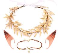 Aprince Renaissance Accessories Set 4Pcs, Gold Leaf Woodland Fairy Crown Sika Deer Elf Ears Sun Pendant Necklace, Ren Faire Accessories for Elven Costume Halloween Cosplay, Medieval Accessory Women