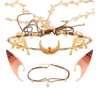 Aprince Renaissance Accessories Set 4Pcs, Gold Moon Woodland Fairy Crown Sika Deer Elf Ears Sun Pendant Necklace, Ren Faire Accessories for Elven Costume Halloween Cosplay, Medieval Accessory Women