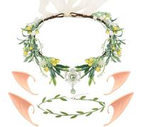 Aprince Renaissance Accessories Set 6Pcs, Green Woodland Fairy Crown Soft Elf Ears Leaf Necklace Set, Ren Faire Accessories for Fairy Elven Costume Halloween Cosplay Party, Medieval Accessory Women