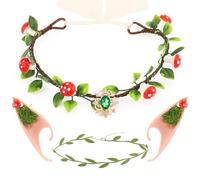 Aprince Renaissance Mushroom Accessories Set 4Pcs, Woodland Fairy Mushroom Crown Elf Ears Leaf Necklace, Ren Faire Accessories for Fairy Elf Costume Halloween Cosplay Party, Medieval Accessory Women