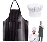 Apron and Chef Hat Set, Adjustable Chefs Apron Chef Outfit Adult, Kitchen Apron with Pockets Black and White Striped, Chefs Hat Chef Aprons for Unisex Suitable for Home Kitchen, Gardening, Cafes House