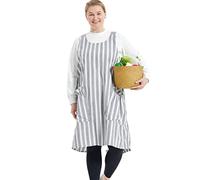 APRONNER Big Plus Size Aprons for Women with Pockets Cotton Linen Baking Kitchen Cooking, Gray Stripess, Large