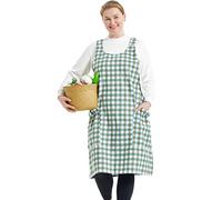 APRONNER Big Plus Size Aprons for Women with Pockets Cotton Linen Baking Kitchen Cooking, Green Grid, Large