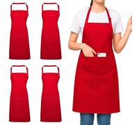 Aprons for Women & Men - 4 Pack Chef Apron, Ideal for Cooking, Kitchen, BBQs, Restaurants, Gardening & Art - Unisex Apron in Multiple Colors with Large Pocket - Durable Polyester (Red 4 pack)