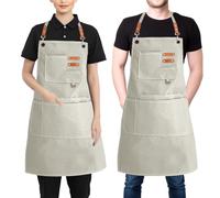 Aprons for Women Men, Cotton Canvas Chef Apron with Adjustable Strap & Large Pockets, Cross Back Work Aprons for Kitchen Cooking, Baking, Gardening, Painting, Artist, One Size Fits All (Beige)