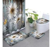 APROPHIC 4-Piece White Daisy Shower Curtain Set, Retro Wooden Board, Bathroom Set with Shower Curtain and Rug, Toilet Lid Mat and U-Shaped Pad, Washable with 12 Hooks