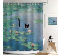 APROPHIC Cat Shower Curtain, Boho Modern Cute Girly Bathroom Curtain, Black Cartoon Cat Lotus Leaves and Flowers Pond Curtain Set, Waterproof Bathroom Home Decor Set with Hooks, 72X72 Inches