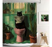 APROPHIC Funny Cat Shower Curtain, Green Shower Curtain for Bathroom, Balck Cat Reading Newspaper Print Bathroom Curtain Decor Waterproof Fabric with 12 Hooks, 72x72 Inch