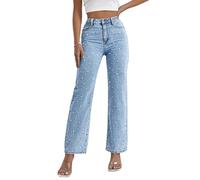 AprPith Chic Pearl Decorated Jeans for Women High Rise Straight Fit Fashion Denim Pants with Pockets, Light Blue, XL