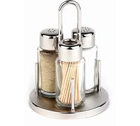 APS 40320 Classic Salt and Pepper Set, Stainless Steel Frame, 2 Glass Shakers, Glass Dispenser for Toothpicks, Diameter 10.5 x 16 cm