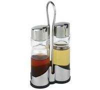 APS Cruet Set And Stand Stainless Steel Holder With Black Plastic Base