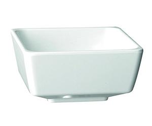 "APS GF094 Float Square Bowl, 5", White" | Shatter-resistant construction with a stackable design to save storage space and ensure hassle-free commercial cleaning.