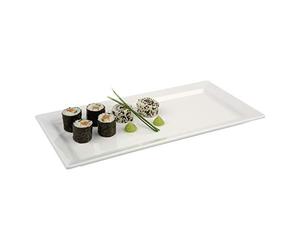 APS GF159 Pure Melamine Rectangular Tray, 12" | Chip-resistant and stackable design saves storage space while enduring heavy use in busy commercial kitchens.