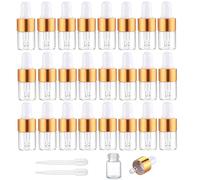 Apstaqeoo 24Pcs, 2Ml Transparent Glass Sample Dropper Bottles, Empty Mini Bottles with Dropper Pipettes Gold Aluminum Alloy Cap Refillable Sample Container for Essential Oils Perfume Cosmetic Liquid
