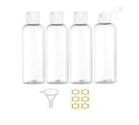 Apstaqeoo 4PCS 150ML Plastic Travel Bottles with White Flip Cap Empty Squeeze Bottle Transparent Refillable Travel Container with Funnel Label for Liquid Lotion Shampoo Toiletries Makeup Cosmetic