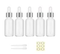 Apstaqeoo 5Pcs 30ML Frosted Clear Glass Dropper Bottles with Pipette, Empty Sample Dropper Bottle Refillable Tincture Bottles Silver Cap, Label, Dropper for Perfume Essential Oils Aromatherapy