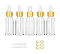 Apstaqeoo 5Pcs 30ML Transparent Glass Droper Bottles with Glass Pipette, Refillable Eye Dropper Bottle Empty Tincture Bottles with Gold Cap/Label/Dropper for Essential Oils Perfume Aromatherapy