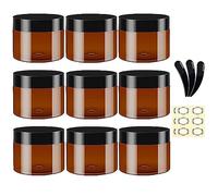 Apstaqeoo 9Pcs Round Cosmetic Containers - 60ML Empty Amber Plastic Jars With Black Lids, 3 Spatula & 12 Labels - Refillable Travel Jars for Lotion, Ointments, Creams, Gel Storage