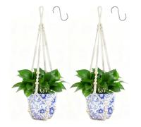 Apstaqeoo Macrame Plant Hanger Indoor Hanging Planter Basket with Wood Beads for Plant Holder Decorative Flower Pot Holder No Tassels for Boho Home Decor, 80CM, Ivory, Set of 2 (POTS NOT Included)