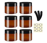 Apstaqeoo Round Cosmetic Containers - 6Pcs 100ML Empty Amber Plastic Jars With Black Lids, 3 Spatula & 6 Labels - Refillable Travel Jars for Lotion, Ointments, Creams, Gel Storage
