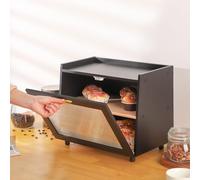 Aptition Double Layer Bamboo Food Storage Container with Clear Window, Airtight Large Capacity Kitchen Countertop Canister, Farmhouse Style Durable Pantry Organizer, Black Finish