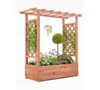 Aptliton 110x44x114cm Elevated Wooden Raised Garden Bed with Arch Trellis & Hanging Canopy, 4 Drainage Holes, Side Supports, for Climbing Plants Flowers, Outdoor Patio Planter, Orange
