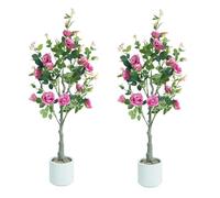 Aptliton 120cm Artificial Dark Pink Rose Flower Trees with Silk Leaves & Realistic Blooms, Perfect for Living Room, Bedroom, Office & Entryway Decor, White Pot, 2pcs