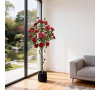 Aptliton 150cm Artificial Rose Tree with Silk Flowers, Realistic Faux Flower Tree with Lush Green Leaves, Decorative Plant with White Pot, Indoor Home Office Bedroom Living Room Entryway Décor, Red