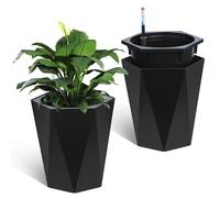 Aptliton 16" Tall Self Watering Planter with Water Level Indicator, 2-Pack Modern Geometric Planter Pots for Indoor Outdoor Plants, Large Self-Watering Flower Pot for Home Garden Patio, Black