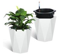 Aptliton 16" Tall Self Watering Planter with Water Level Indicator, 2-Pack Modern Geometric Planter Pots for Indoor Outdoor Plants, Large Self-Watering Flower Pot for Home Garden Patio, White