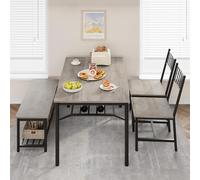Aptliton 4 Piece Dining Table with Chairs and Bench, Rectangular Kitchen Table for 4, Storage Racks & Sturdy Metal Frame, Space-Saving Dining Room Furniture for Flats, Small Spaces, Apartment, Grey
