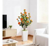 Aptliton 4FT Artificial Camellia Tree, 120cm Large Camellia Tree In White Pot, Blooming Florals Plant With Adjustable Braches Fake Potted Flowers Plant for Home Office Garden Porch Decoration,Orange