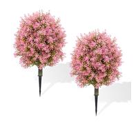 Aptliton 60cm Artificial Pink Boxwood Tree with PE Flowers, Realistic Faux Boxwood Plant for Home Decor, Plastic Stem & Iron Ground Spikes, Decoration for Indoor & Outdoor, 2Pcs