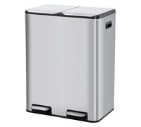 Aptliton 60L Dual Compartment Kitchen Bin, Stainless Steel Recycling Rubbish Bin with Soft Close Lids, Foot Pedals, Fingerprint Proof Waste Separation System for Home and Office, Silver, Touchless