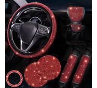 Aptliton 7PCS Bling Car Accessories Set for Women, 38CM Red Bling Rhinestone Steering Wheel Cover, Sparkly Seat Belt Covers, Bling Gear Shift Cover, Cute Car Accessories Set for Women