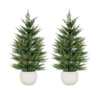 Aptliton 90cm Artificial Pine Trees with Warm LED Lights, Faux Evergreen Plants with Realistic 3D PE Needles and Natural-Looking Trunks in White Pots,Tabletop Decor for Christmas Home Entryway, 2 Pack