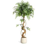 Aptliton Artificial Ficus Tree 120cm with White Planter, Large Faux Weeping Fig with Curved Trunk and Silk Leaves, Lifelike Indoor Plant for Living Room Bedroom Office Decor, No Maintenance