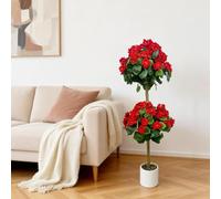 Aptliton Artificial Geranium Topiary Tree Triple Ball 4ft, Realistic Faux Flower Tree with Silk Geranium Blooms, Indoor Outdoor Plant in White Pot,Home Office Garden Wedding Decor, 120cm, Red