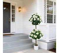 Aptliton Artificial Geranium Topiary Tree Triple Ball 4ft, Realistic Faux Flower Tree with Silk Geranium Blooms, Indoor Outdoor Plant in White Pot,Home Office Garden Wedding Decor, 120cm, White