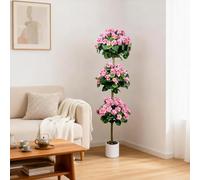 Aptliton Artificial Geranium Topiary Tree Triple Ball 5ft, Realistic Faux Flower Tree with Silk Geranium Blooms, Indoor Outdoor Plant in White Pot,Home Office Garden Wedding Decor, 150cm, Pink