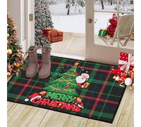 Aptliton Christmas Green Plaid Non Slip Doormat, Washable Indoor Outdoor Floor Mat with Santa & Christmas Tree Decor