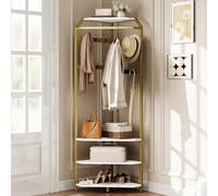 Aptliton Corner Hall Tree Coat Rack with 4-Tier Shelves & Shoe Bench, Freestanding Entryway Organiser with 12 Double Hooks, Hanging Rod and Shelf, Hallway Storage for Bedroom Closet, Gold,50x50x180cm