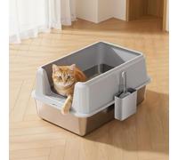 Aptliton High Sided Stainless Steel Cat Litter Box - XL Enclosed Metal Tray with Detachable Rim & Lid - Leak-Proof, Non-Stick, Easy Clean, Includes Scoop - Grey, 60x40x35.5cm