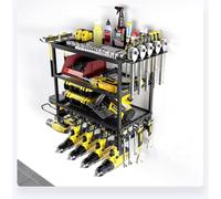 Aptliton Power Tool Storage Wall Mounted Rack, 4 Layer Power Drill Tool Holder for 4 Power Drill Tools, Heavy Duty Tool Shelf with Side Screwdriver Rack and Hooks for Garage, Workshop