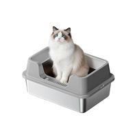 Aptliton Stainless Steel Cat Litter Box with Grid Entry, High Sided Leak Proof Litter Tray with Non-Slip Base, Easy Clean Odor Control Cat Toilet for Large Cats Multi Cats Fat Cats Indoor Use, Grey