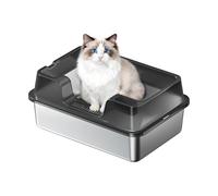 Aptliton Stainless Steel Cat Litter Tray with Leak-Proof Edge, 60×40×22cm Large Metal Litter Box with Litter Catching Grid, High Sided Anti-Splashing Cat Toilet for Multi Cats Indoor Use, Black