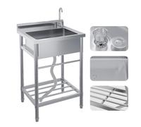 Aptliton Stainless Steel Utility Sink with Faucet, Commercial Freestanding Single Bowl Sink with Hot & Cold Water Pipes, Storage Shelf for Restaurant, Kitchen, Garage, Laundry