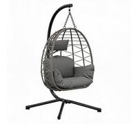 Aptliton Swing Egg Chair Indoor & Outdoor, Foldable Hammock Chair with Metal Stand, Supports 150kg, Weatherproof PE Rattan Hanging Chair with Dust Cover & Cushions, for Patio, Balcony, Grey